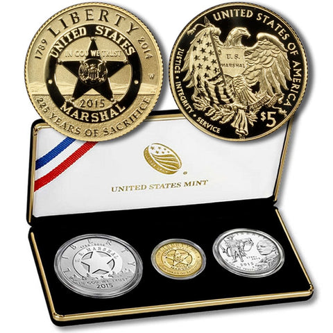 2015 3-Coin U.S. Marshals 225th $5 Gold, $1 Silver, 50¢ Clad Commemorative Set - Gem Proof in OGP w/ COA