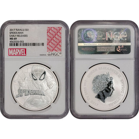 2017 Tuvalu Marvel's Spiderman 1 oz .9999 Silver Dollar - NGC MS 69 ER