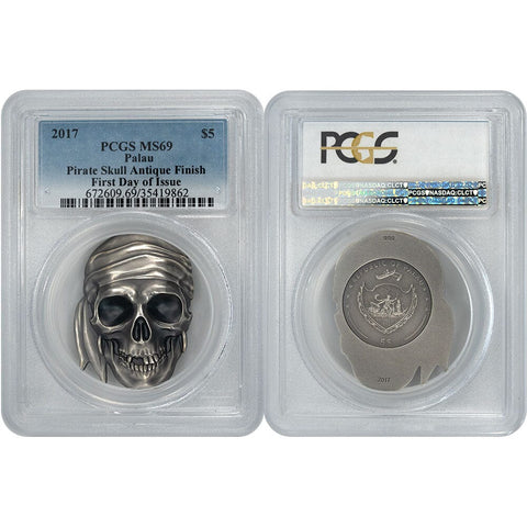 2017 $5 1oz Silver Palua Pirate Skull Antique Finish - PCGS MS69 FDOI