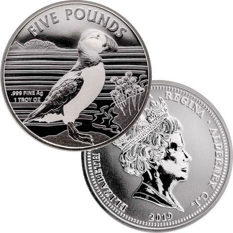 2019 Alderney 5 Pounds 1 oz .999 Silver Puffin - Gem Uncirculated