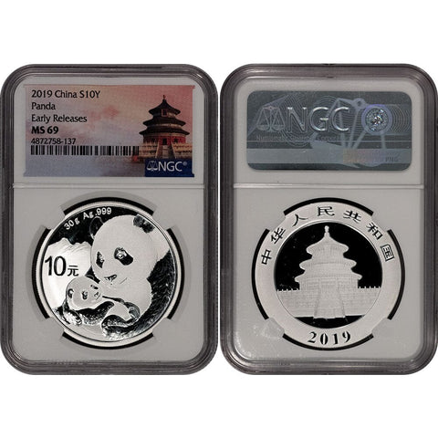 2019 China Silver Panda 10 Yuan 30g .999 Silver - NGC MS 69