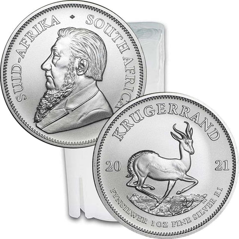Roll of 25 2021 South Africa 1 oz Silver Krugerrand Coins - Gem Uncirculated in Original Tube