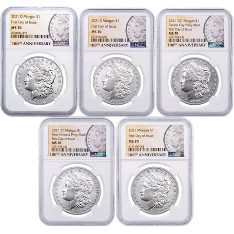 5-Coin Set of 2021 Morgan .999 Silver Dollars - NGC MS 70 First Day of Issue