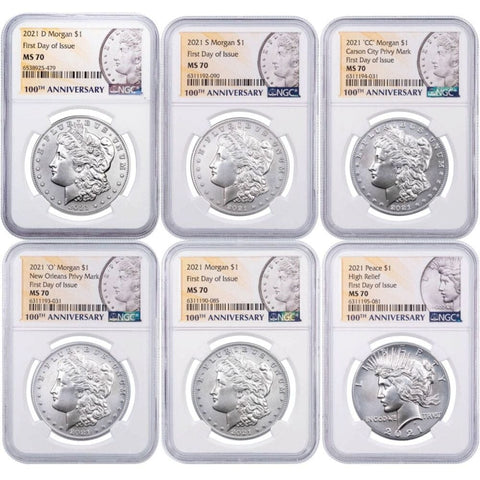6-Coin Set of 2021 Morgan & Peace .999 Silver Dollars - NGC MS 70 First Day of Issue