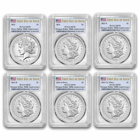 6-Coin Set of 2021 Morgan & Peace .999 Silver Dollars - PCGS MS 70 First Day of Issue