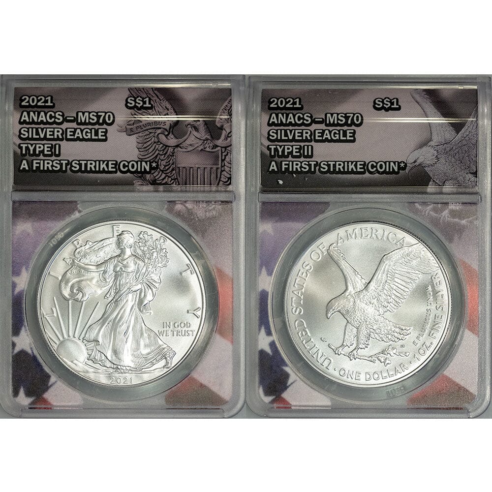 2021 Type-1 & Type-2 American Silver Eagle Sets - ANACS MS