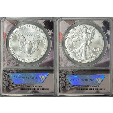 2021 Type-1 & Type-2 American Silver Eagle Sets - ANACS MS 70 First Strike