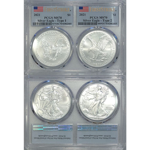 2021 Type-1 & Type-2 American Silver Eagle Set - PCGS MS 70