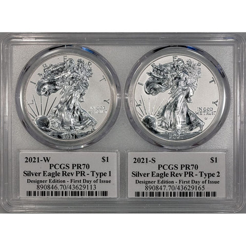 2021 T1 & T2 American Silver Eagle Reverse Proof Designer Edition Set - PCGS PR 70 FDOI