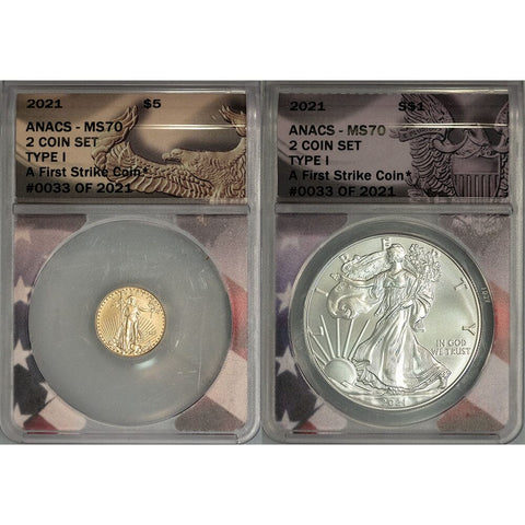 2021 T.1 $5 American Gold Eagle & $1 Silver Eagle Pair - Both ANACS MS 70 First Strike