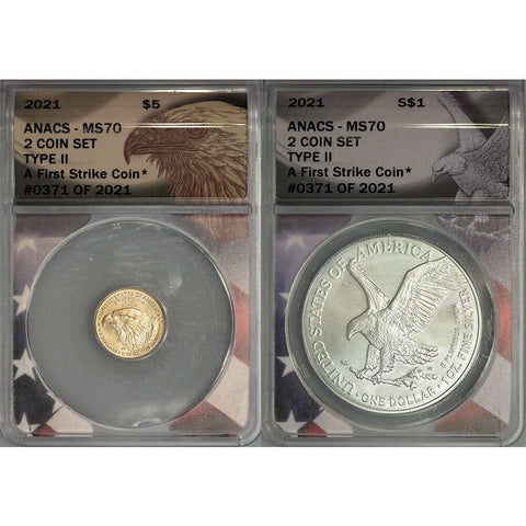 2021 T.2 $5 American Gold Eagle & $1 Silver Eagle Pair - Both ANACS MS 70 First Strike