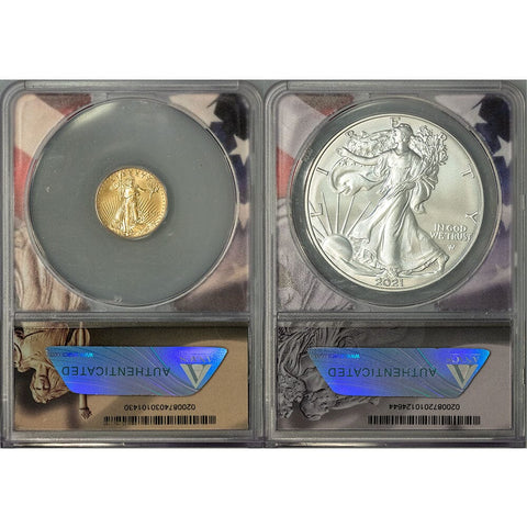 2021 T.2 $5 American Gold Eagle & $1 Silver Eagle Pair - Both ANACS MS 70 First Strike