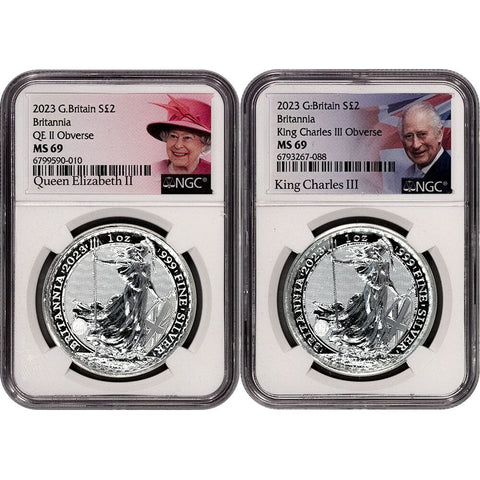 2023 Great Britain 1 oz .999 Silver Britannia Pair (Elizabeth & Charles) - NGC MS 69