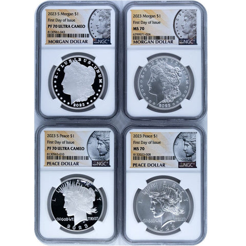 2023 Proof & Uncirculated Morgan & Peace Dollar 4-Coin Set - All NGC 70s