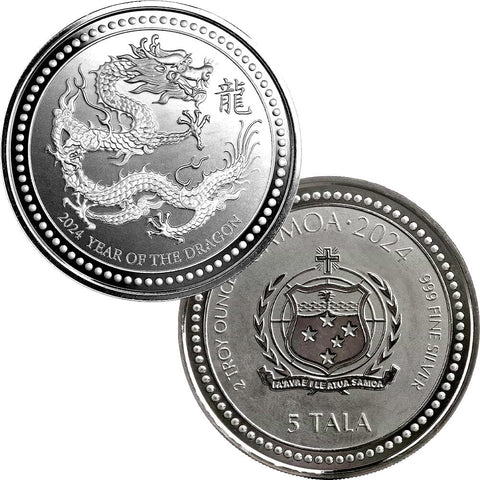 2024 Samoa 5 Tala Year of the Dragon 2 oz .9999 Silver Dollar - Gem BU in Capsule