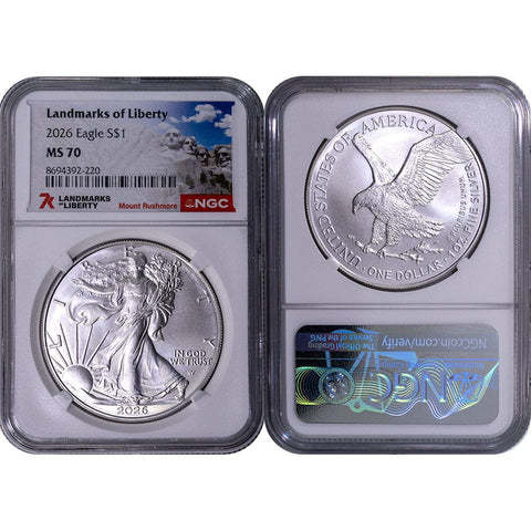 2026 1 oz American Silver Eagle - NGC MS 70 "Landmarks of Liberty: Mt. Rushmore"