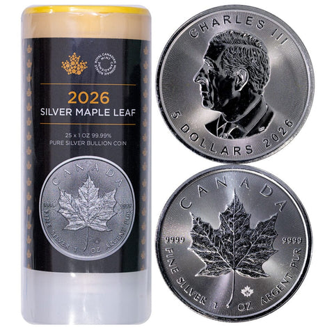 25-Coin Original Roll of 2026 1 oz .9999 Canadian Silver Maples - Gem BU (2.95 Over Spot)