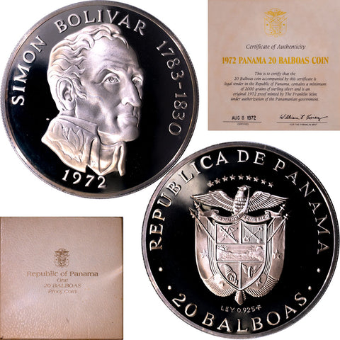 1972-1975 Panama Proof Silver 20 Balboas in Original Box w/ COA - Gem Proof