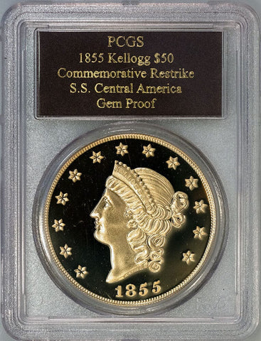 1855 Restrike Kellogg Gold $50 - 2.419 AGW - S.S. Central America Gold - PCGS Gem Proof