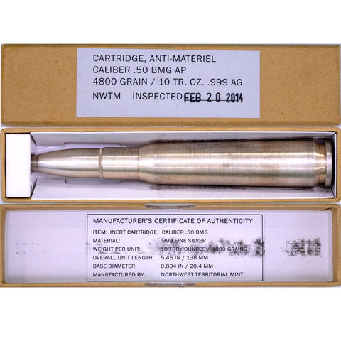 Northwest Territorial Mint 10oz .999 Fine Silver Bullet .50 BMG AP w/ Box and CoA