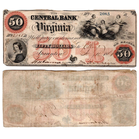 1860 $50 Central Bank of Virginia, Staunton Obsolete Bank Note - Very Fine