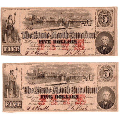 Matching Serial Pair of 1863 $5 North Carolina Notes - Cr. 123 - Crisp Uncirculated