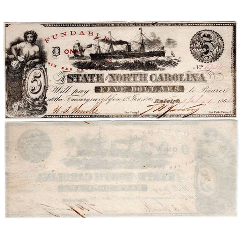 1862 $5 State of North Carolina Note Cr. 87 - Crisp Uncirculated