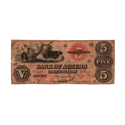 1859 Bank of Athens $5 Obsolete Bank Note - VF