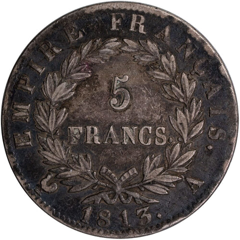 1813 France Napoleon Silver 5 Francs KM# 694.1 - Very Fine Details (Obv. Graffiti)