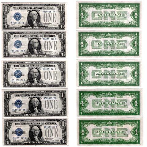 5 Consecutive 1928-A $1 "Funnyback" Silver Certificates Fr. 1601 - Choice Crisp Uncirculated