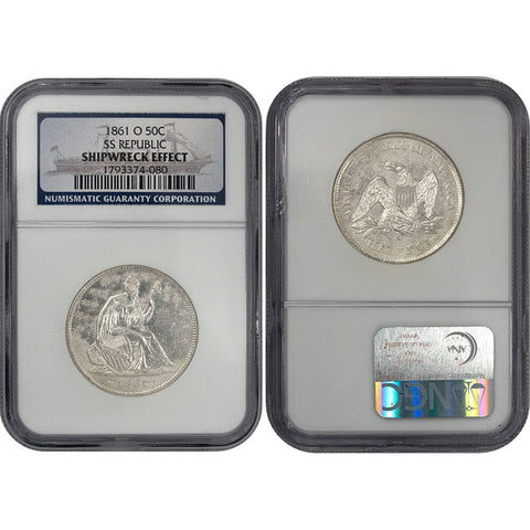 1861-O Seated Liberty Half Dollar NGC Genuine Shipwreck Effect S.S. Republic - Unc Details in Wooden Display Box