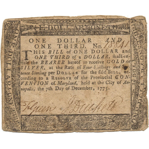 Colonial Currency, Maryland Dec 12, 1775 $1 1/3 MD-85 - Very Fine