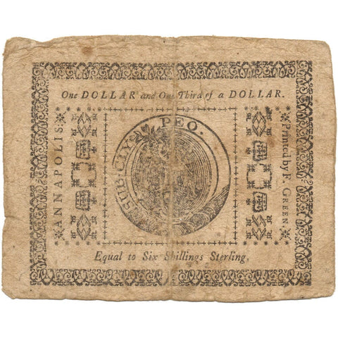 Colonial Currency, Maryland Dec 12, 1775 $1 1/3 MD-85 - Very Fine