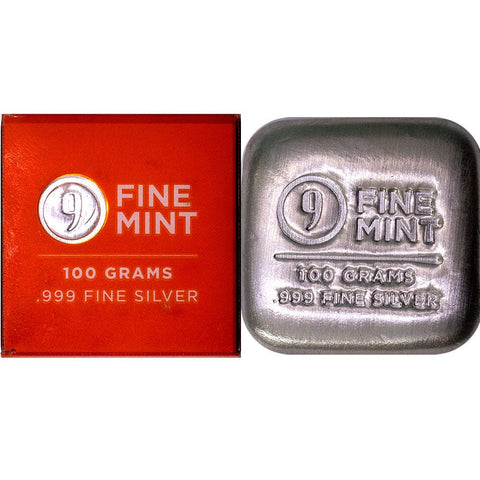 9Fine Mint 100 Gram .999 Silver Bars @ $2 Over Spot