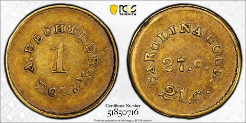 (1842-1850) A. Bechtler Gold Dollar 27 Grains 21 Carat Plain Edge - PCGS AU 50