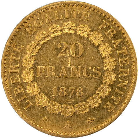 1878-A French Gold 20 Franc Angel KM.825 - About Uncirculated Details