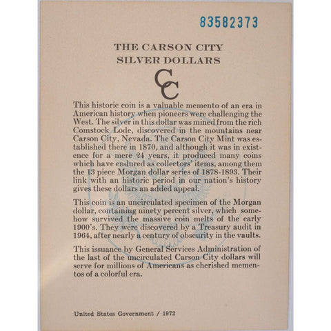 1883-CC Morgan Dollar - Carson City GSA - Brilliant Uncirculated w/ Box & CoA