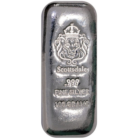 Scottsdale Mint 100 Gram .999 Poured Silver Bars @ $2 Over Spot