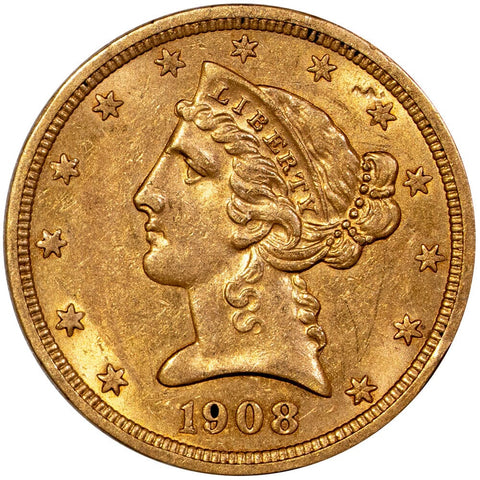 1908 $5 Liberty Head Gold - About Uncirculated
