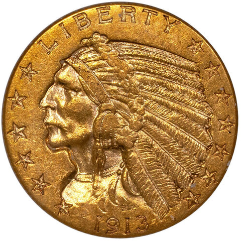1913 $5 Indian Half Eagle Gold Coin - About Uncirculated - In Hard Lucite Holder