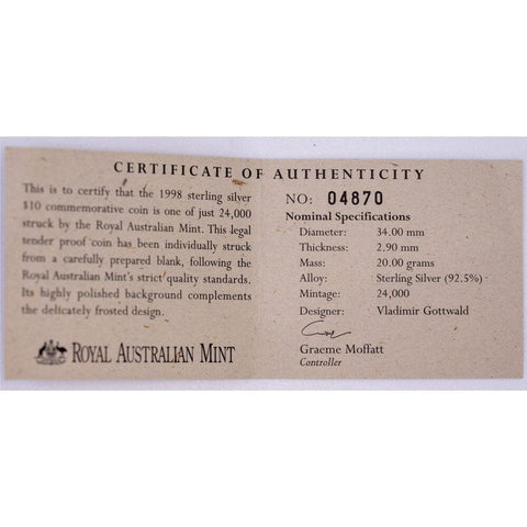 1998 Australia "Hairy-Nosed Wombat" Endangered Species $10 Sterling Silver Proof Coin - Gem Proof in OGP w/ CoA