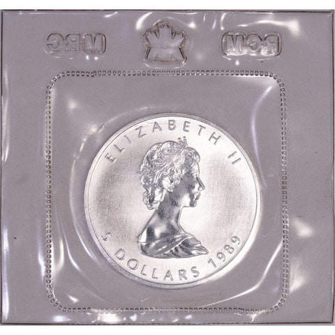 1989 1 oz Canadian Silver Maple Leaf $5 Coin - Gem BU in Government Plastic