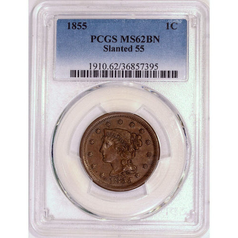 1855 Braided Hair Half Cent - PCGS MS62 Brown - Slanted 55