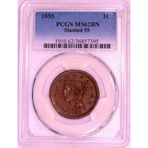 1855 Braided Hair Half Cent - PCGS MS62 Brown - Slanted 55