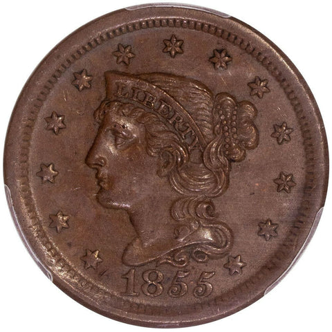 1855 Braided Hair Half Cent - PCGS MS62 Brown - Slanted 55