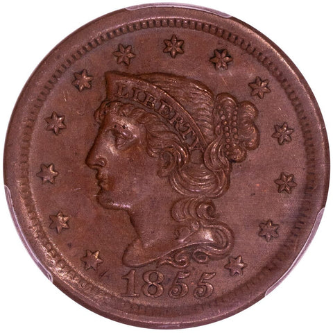 1855 Braided Hair Half Cent - PCGS MS62 Brown - Slanted 55