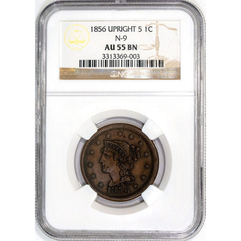 1856 Large Cent Upright 5 N.9 - NGC AU 55 BN - About Uncirculated+