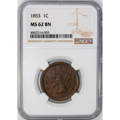 1853 Large Cent - NGC MS 62 BN - Uncirculated