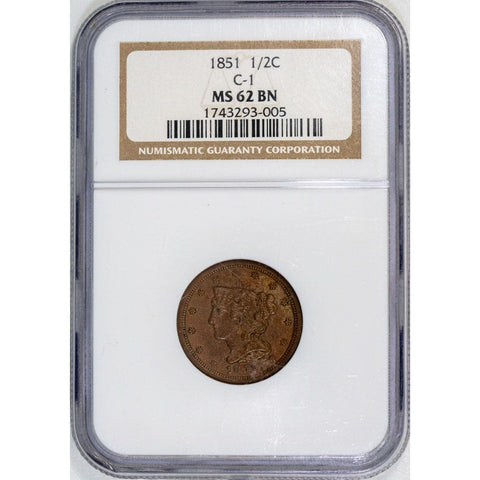 1851 Half Cent - Cohen 1 - NGC MS 62 BN - Uncirculated