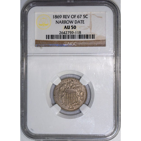 1869 Shield Nickel Narrow Date, Rev. Of 67 - NGC AU 50 - About Uncirculated